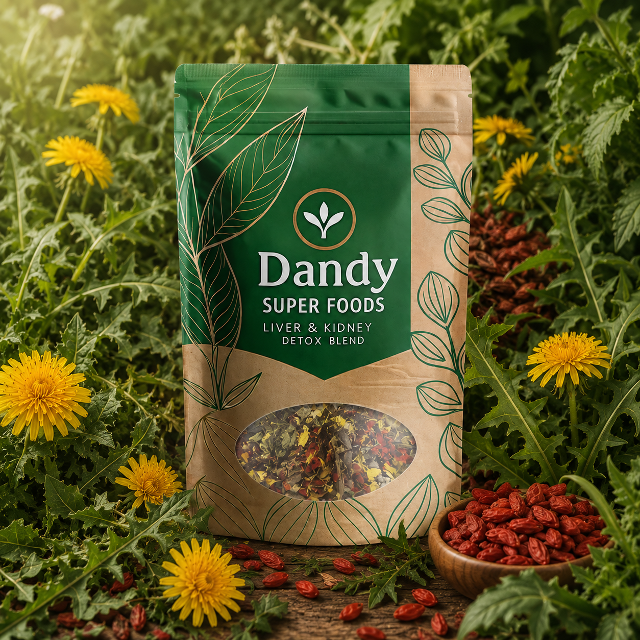 Dandy Super Foods Wolfberry Dandelion Tea product bag surrounded by dandelion flowers and wolfberries