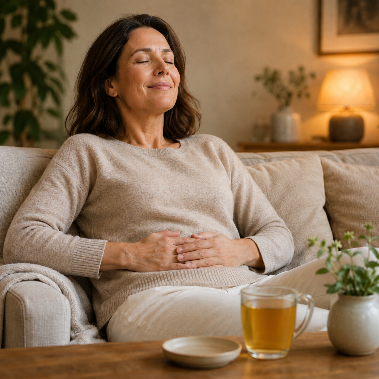 Woman relaxing on sofa feeling comfortable after drinking Dandy Super Foods tea