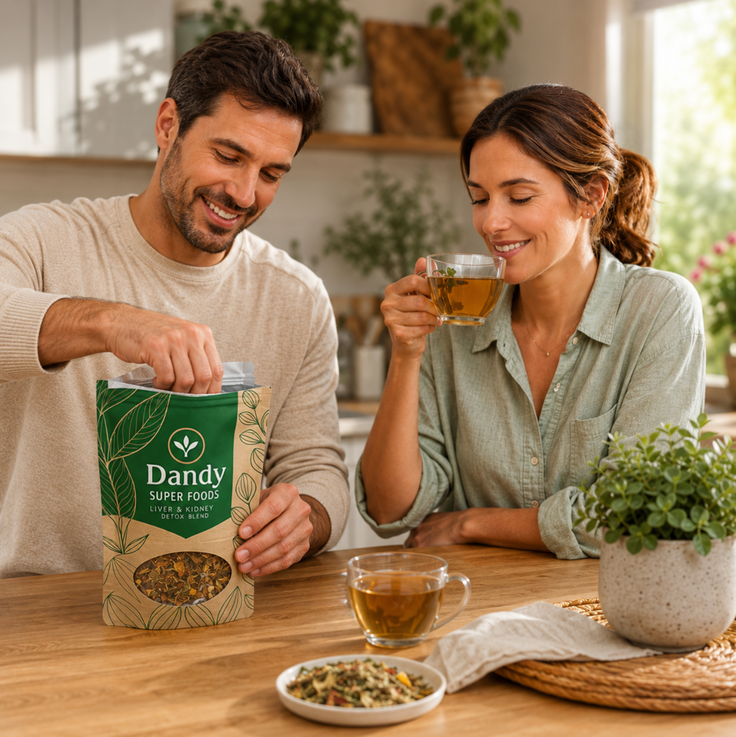 Couple enjoying Dandy Super Foods Wolfberry Dandelion Tea together at home