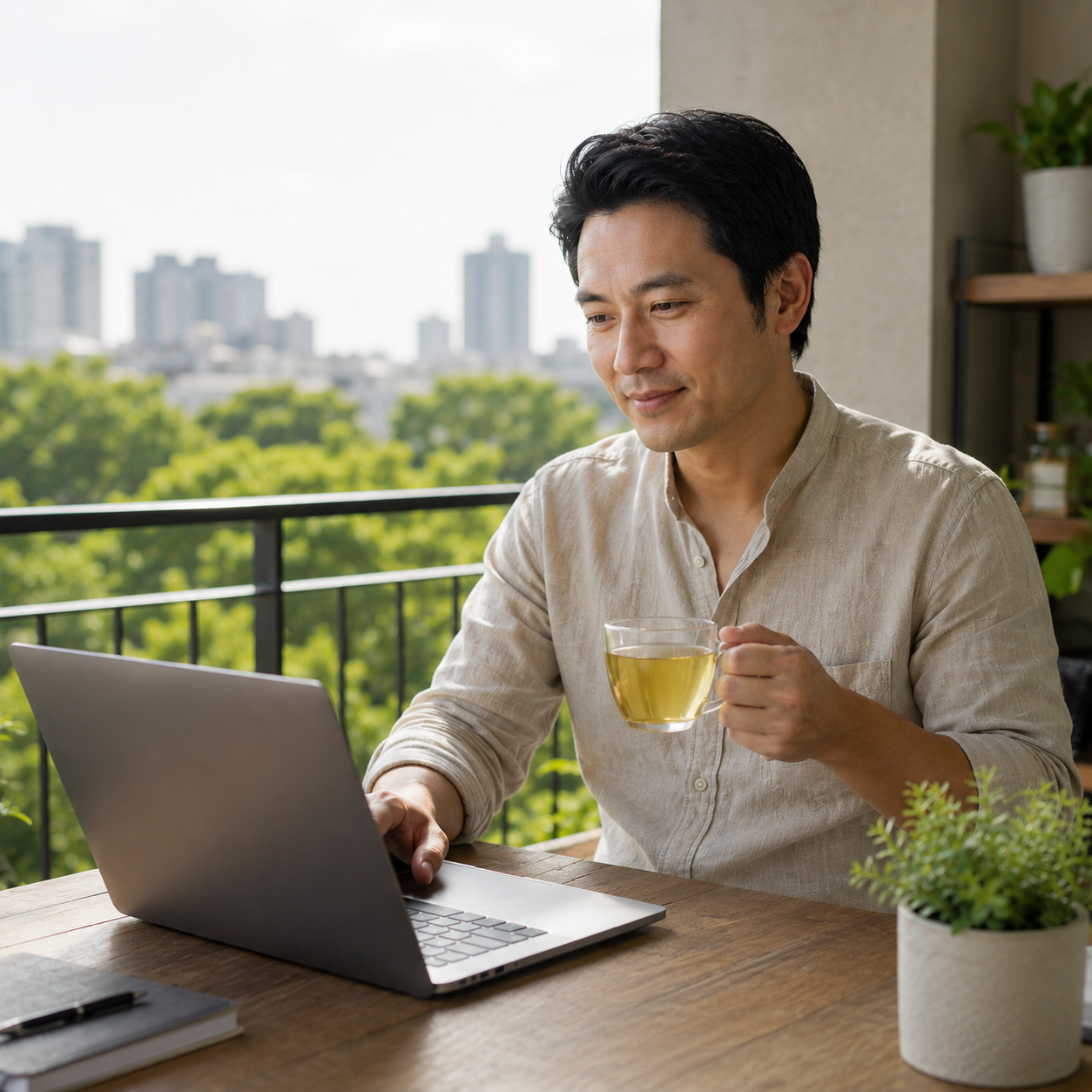 Man working on laptop with a cup of herbal tea feeling focused and energised