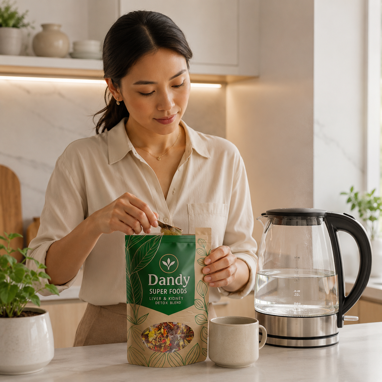 Woman preparing Dandy Super Foods tea in her kitchen as part of her daily wellness routine