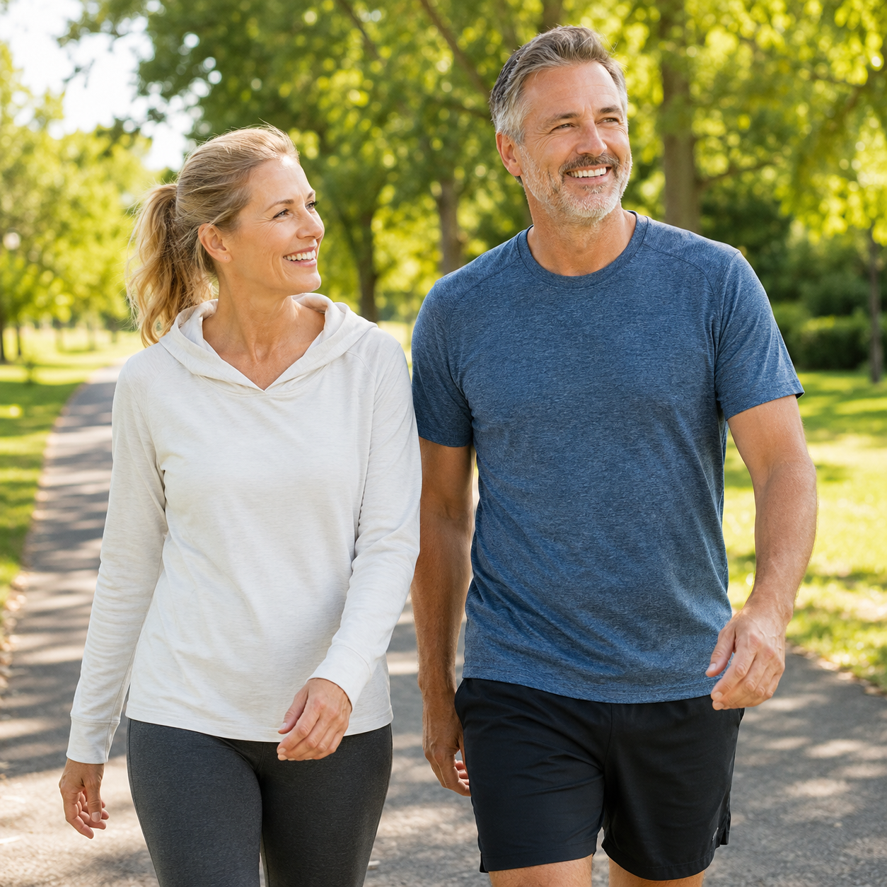 Active couple in their 40s walking together in a park feeling energised and healthy