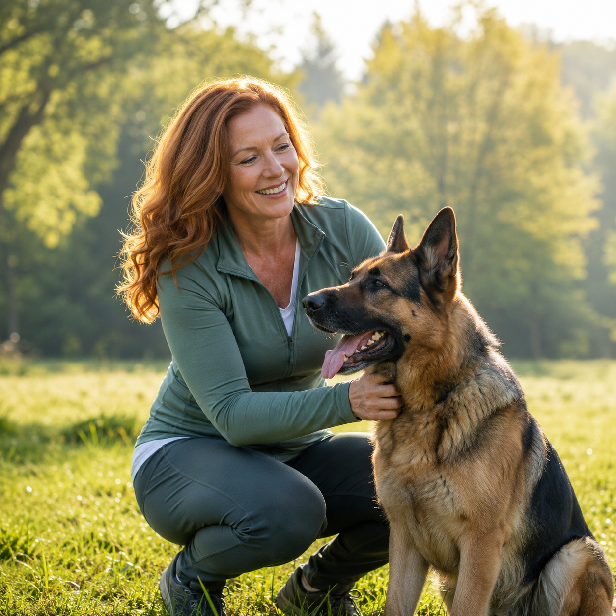 Happy woman in her 40s outdoors with her dog feeling refreshed and balanced