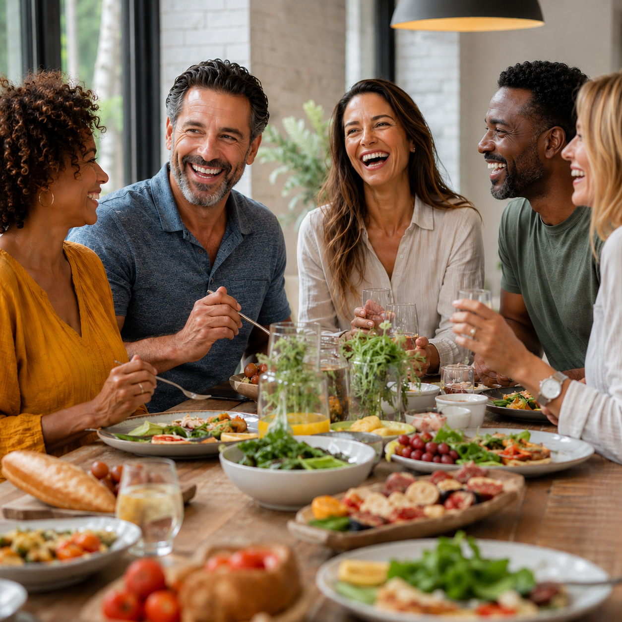 Diverse group of happy adults in their 30s and 40s enjoying a meal together